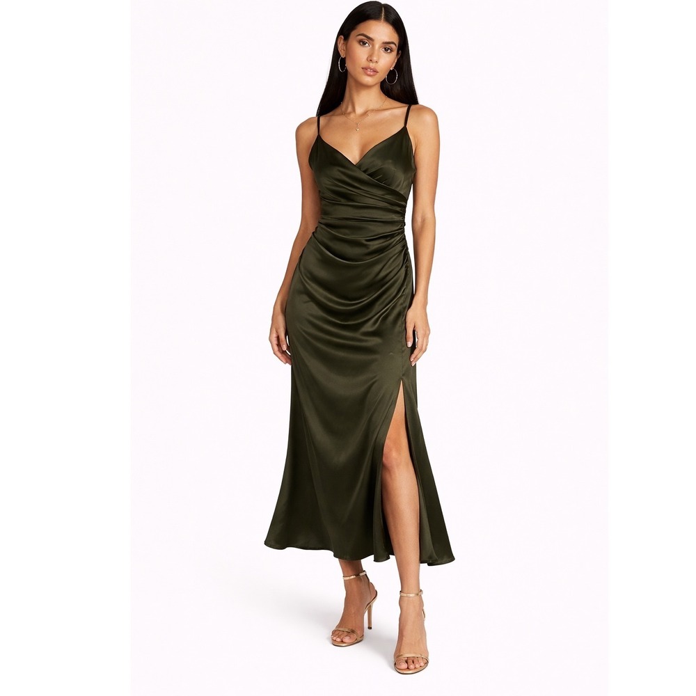NWT Revelry Rory Satin Dress Women 6 Deep Olive Maxi Ruched Bridesmaid‎ Wedding